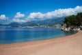 Canvas chairs on the beach. The coastal strip of Montenegro. Sandy beach of Montenegro. Royalty Free Stock Photo