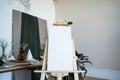 Canvas on easel. Blank white banner. No people