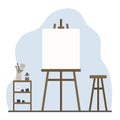 Canvas on an easel, a table with brashes and paint, a chair. Studio and workplace for artist. Flat minimal vector