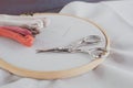 Canvas for embroidery with a cross embroidered in a round wooden hoop, multi-colored thread mouline thread, needle