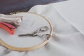 Canvas for embroidery with a cross embroidered in a round wooden hoop, multi-colored thread mouline thread, needle