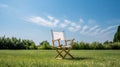 A canvas folding garden chair placed on the lawn, with a blue sky background. Generative AI Royalty Free Stock Photo