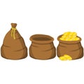 Canvas open empty and closed full bag with gold coins. burlap sack with money. Set of wealth