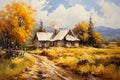 canvas painting, capturing the picturesque charm of a countryside village in a frosty landscape.