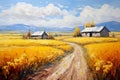 canvas painting, capturing the picturesque charm of a countryside village in a frosty landscape.