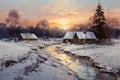 canvas painting, capturing the picturesque charm of a countryside village in a frosty landscape.