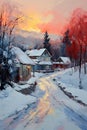 canvas painting, capturing the picturesque charm of a countryside village in a frosty landscape.