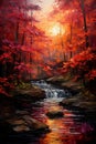 canvas painting, capturing the serene beauty of a river flowing through a lush forest.