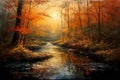 canvas painting, capturing the serene beauty of a river flowing through a lush forest.