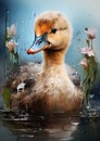 Canvas painting of cute baby swan watercolor abstract