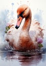 Canvas painting of cute baby swan watercolor abstract