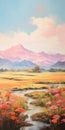 Pink Flower Field And Mountain Landscape Painting