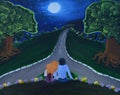 Canvas painting showing night of love with couple, moon and trees with human like faces