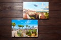 Canvas photo prints on brown wooden background. Front view of colorful photographs printed on glossy synthetic canvas. Photos