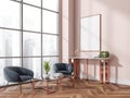 Canvas in pink living room with console table and armchairs. Corner view Royalty Free Stock Photo