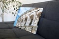 Canvas print stretched on frame with gallery wrap, architecture photography on sofa