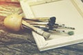 Canvas stretcher and paint  brushes Royalty Free Stock Photo