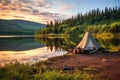 canvas tent on the shore of a quiet mountain lake at sunrise