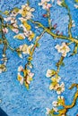 Canvas texture and brush strokes. Details Blooming almond tree. oil painting on canvas