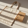 A canvas tote bag and a cardboard box are placed on a surface with sunlight Royalty Free Stock Photo