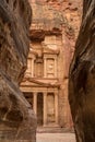 Canyon in the ancient city of Petra (Jordan) - opening view of the famous Al-Khazneh (aka Treasury)