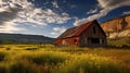 Canyon Barn: A Stunning Landscape With An Old Red Barn In A Field Of Golden Flowers Royalty Free Stock Photo