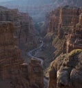 Canyon of the Charyn River in Kazakhstan, Beautiful view of clay rocks and the road to the gorge at sunset. Valley of Castles