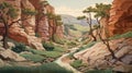 Canyon Landscape: A Richly Detailed Art Nouveau Painting Inspired By Matt Bors