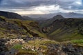 Canyon and Mountain peak during dramatic and colorful sunset on the Fimmvorduhals Hiking trail near Thorsmork