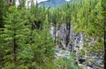Canyon of mountain river in dark coniferous Siberian taiga Royalty Free Stock Photo