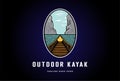 Canyon and River Creek Lake with Boat for Canoe Kayaking Rafting Outdoor Adventure Logo Design Vector