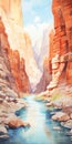 Grand Canyon River Scenery Illustration In Light Red And Cyan