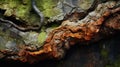 Organic And Flowing Forms: A Close-up Of Rotting Wood With Red Moss Royalty Free Stock Photo