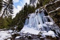 Canyon wall covered in frozen ice formations along a mountain river