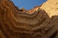 Canyon wall viewed from below in arc format with detail of water erosion marks. Namibe. Angola. Africa