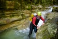 Canyoneering in Forco Canyon, Pyrenees in Spain Royalty Free Stock Photo