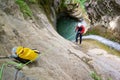 Man rappelling in Pyrenees, Spain. Royalty Free Stock Photo