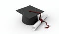 Cap and diploma, graduation day concept, white backdrop Royalty Free Stock Photo