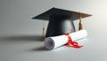 Cap and diploma, graduation day concept, white backdrop Royalty Free Stock Photo