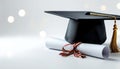 Cap and diploma, graduation day concept, white backdrop Royalty Free Stock Photo