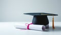 Cap and diploma, graduation day concept, white backdrop Royalty Free Stock Photo