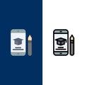 Cap, Education, Graduation, Mobile, Pencil Icons. Flat and Line Filled Icon Set Vector Blue Background