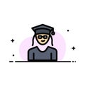 Cap, Education, Graduation, Woman Business Flat Line Filled Icon Vector Banner Template