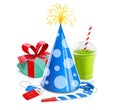 Cap, gift, smoothie, cinema ticket, whistle for celebration birthday