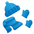 Cap. Mittens. Scarf. Knitted blue set. Winter clothes set for kids Royalty Free Stock Photo