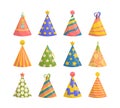 Cap party set. Festive cone for birthday, party, new year, colorful blue, green, red, from paper with striped, round