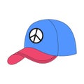 A cap with a peace symbol. Baseball cap, hat, headware. Youth clothing item. A flat icon with an outline. Color vector