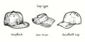 Cap types. Snapback, Sun Visor and Baseball cap. Ink black and white doodle drawing Royalty Free Stock Photo
