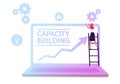 Capacity Building Concept. Business Woman Stand on Ladder at Huge Laptop with Growing Arrow Chart on Screen Royalty Free Stock Photo