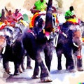 Caparisoned elephants in hindu festival parade